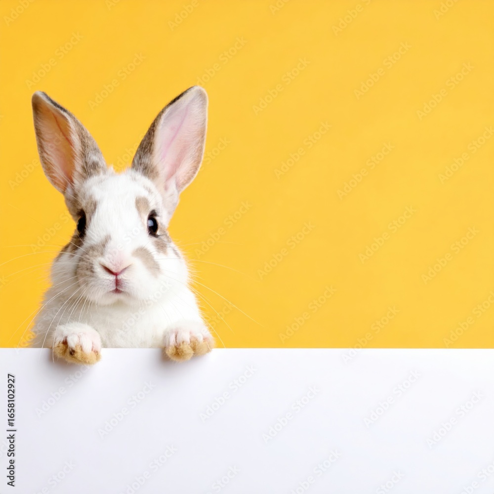 Obraz premium a cute bunny with curious expression on an orange background, looking at the viewer. It has distinctive markings and ears, and a white body. 