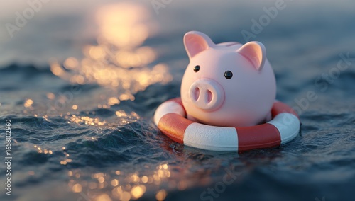 A whimsical pink piggy bank floats on a life buoy in a serene ocean