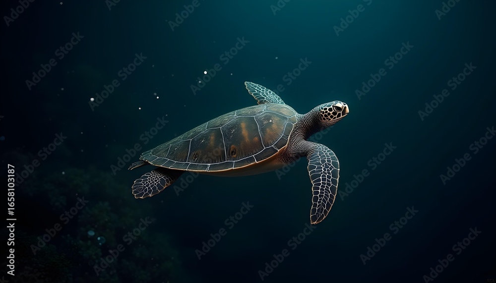 Obraz premium A majestic leatherback sea turtle glides effortlessly through the inky black waters of the deep ocean at night, bioluminescent plankton swirling around it, symbolizing grace and longevity in the marin