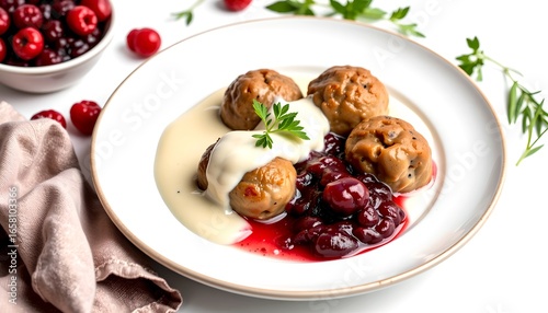 Wallpaper Mural A close-up shot of Swedish meatballs served with a creamy sauce, garnished with herbs and a side of cranberries Torontodigital.ca