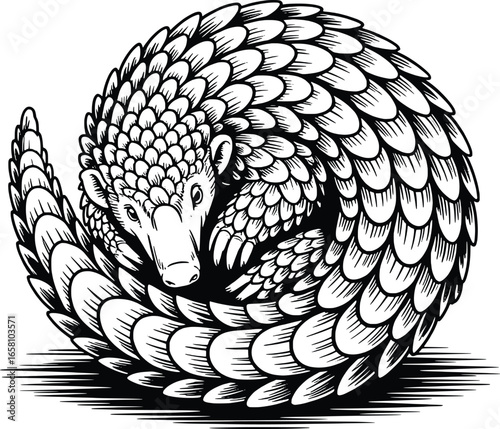 Detailed ink drawing of a curled pangolin in a defensive ball