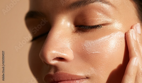 Close up depicting female hand applying eye cream