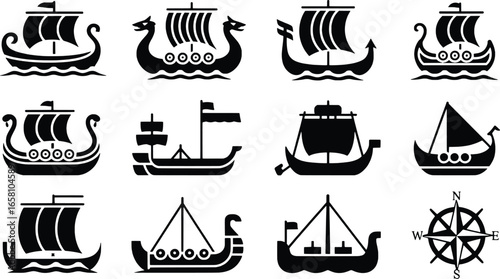 Collection of viking ship silhouettes and nautical symbols