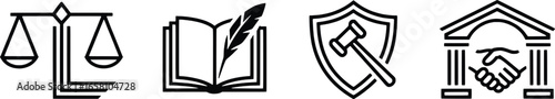 Collection of legal and justice icons in a simple line art style