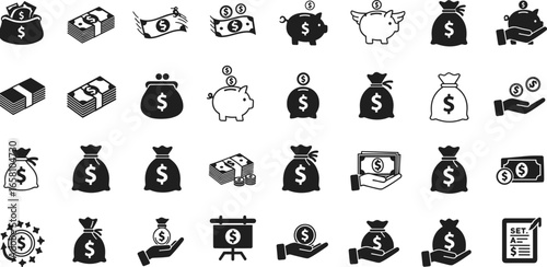 Money finance icons set, savings piggy bank, dollar cash, coin hand, investment symbols, economy budget, black vector design