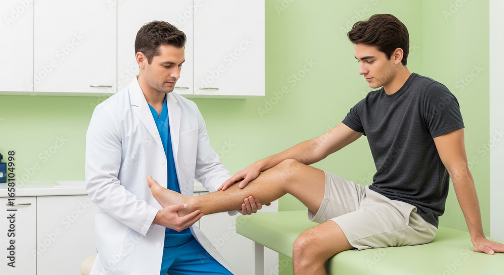Obraz premium Dedicated Doctor Examines Young Patient's Leg for Injury, Physiotherapy, or Orthopedic Health Check