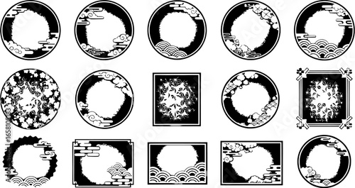 "Vector pack of traditional Japanese-inspired frames in red and gold, circular and rectangular shapes."