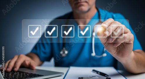 Medical Professional Completing Virtual Quality Control Checklist for Healthcare Standards and Patient Care Excellence