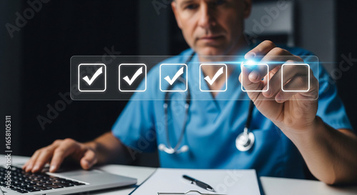 Healthcare Professional Interacting with Digital Checklist, Ensuring Quality and Efficiency in Modern Medical Practice