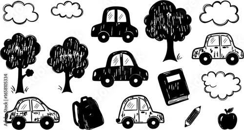 "Vector illustration of doodle elements: cars, trees, clouds, and school items, crayon hand-drawn effect."