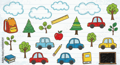 "Vector illustration of doodle elements: cars, trees, clouds, and school items, crayon hand-drawn effect."