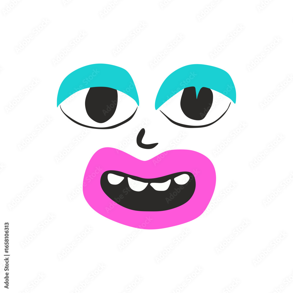 Playful Cartoon Face with Big Eyes and Pink Lips – Hand-Painted Flat Doodle Vector SVG on Transparent Background for Kids’ Art Projects, Stickers, and Emotional Education Cards in Bright Blue, Pink Playful Cartoon Face with Big Eyes and Pink Lips – Hand-Painted Flat Doodle Vector SVG on Transparent Background for Kids’ Art Projects, Stickers, and Emotional Education Cards in Bright Blue, Pink
