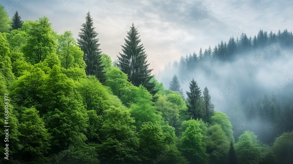 Fototapeta premium Lush green forest landscape with misty atmosphere and trees