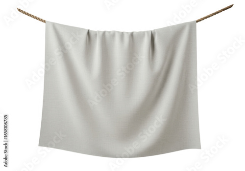 Fabric cloth hanging from rope, textile material isolated on transparent background