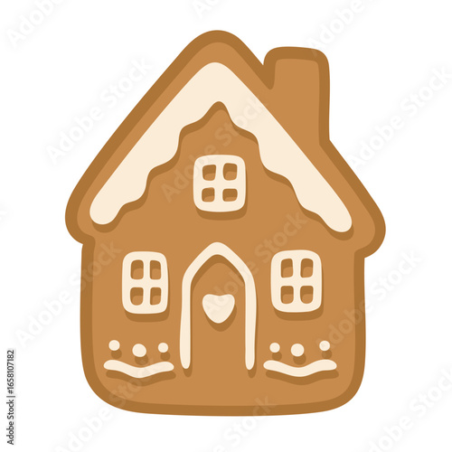 Cute gingerbread cookie shaped like a house with white icing decoration, festive holiday illustration.