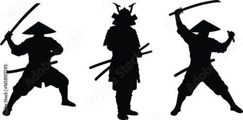 Samurai warriors silhouette with katana, traditional Japanese armor, ninja style, martial arts pose, bushido theme, black shadow illustration