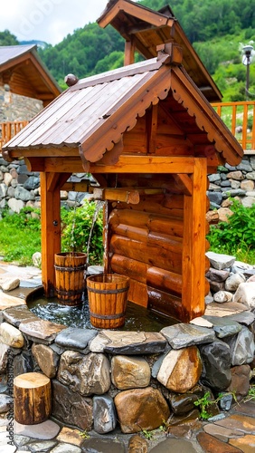Wooden water fountain in a garden setting