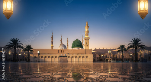 Elegant Milad Un Nabi background with mosque crescent lanterns starry sky Mawlid Al Nabi celebration Islamic design