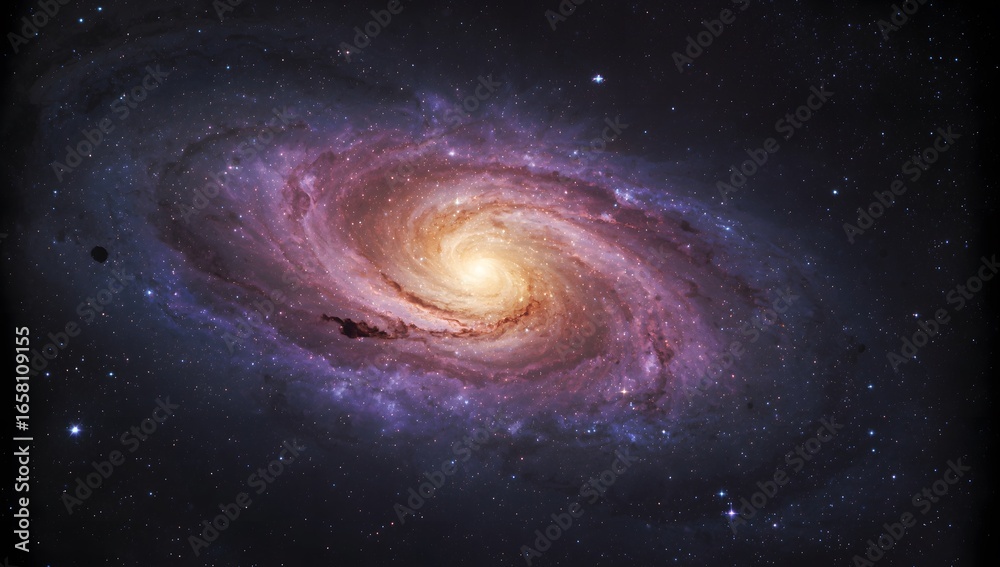 Fototapeta premium Spiral galaxy with glowing core and colorful cosmic dust in deep outer space background