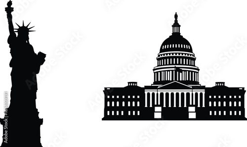 Silhouette of Statue of Liberty and US Capitol Building, American landmarks, patriotic icons, Washington DC, New York, USA government symbols