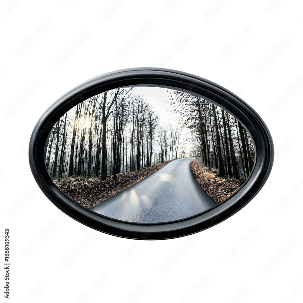Fototapeta premium Reflecting Beauty: Black Oval Car Mirror Showing Road and Trees