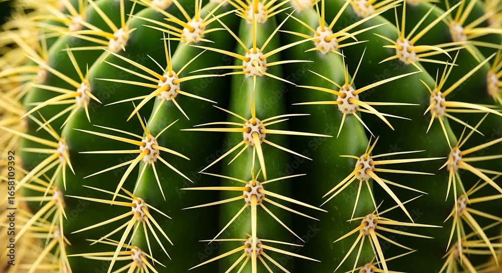 Close-up macro view of sharp green cactus spines and ribbed texture in natural light Close-up macro view of sharp green cactus spines and ribbed texture in natural light