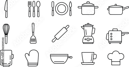 Collection of hand drawn kitchen utensils and appliances icon set
