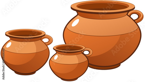 3D terracotta clay pots in different shapes and sizes, traditional style on white background. Vector illustration.