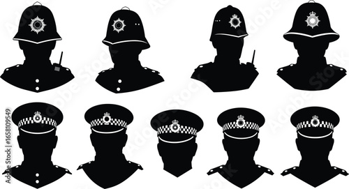 Silhouette Set of British Police Officers with Different Hats, UK Law Enforcement Icons, Uniformed Policemen Vector Illustration for Design Use