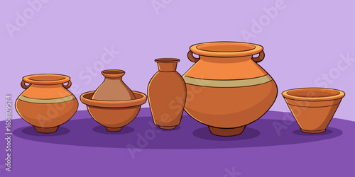 3D terracotta clay pots in different shapes and sizes, traditional style on purple background. Vector illustration.