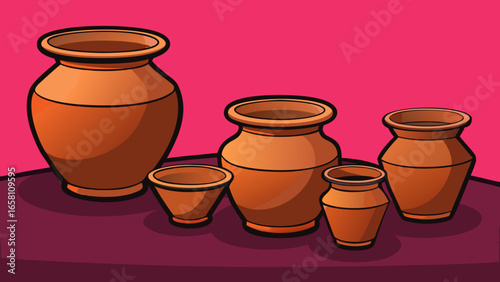 3D terracotta clay pots in different shapes and sizes, traditional style on dark pink background. Vector illustration.