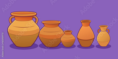 3D terracotta clay pots in different shapes and sizes, traditional style on purple background. Vector illustration.