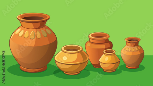 3D terracotta clay pots in different shapes and sizes, traditional style on green background. Vector illustration.