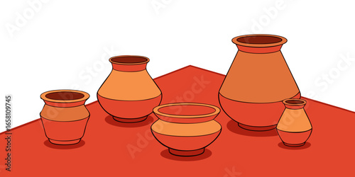 3D terracotta clay pots in different shapes and sizes, traditional style on red white background. Vector illustration.