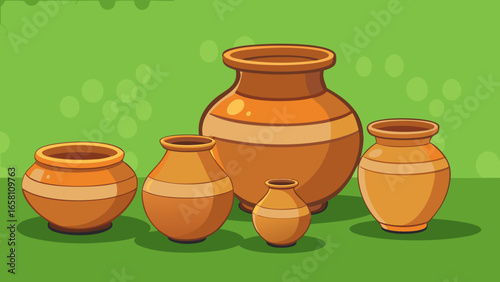 3D terracotta clay pots in different shapes and sizes, traditional style on green background. Vector illustration.