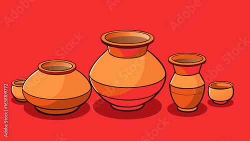 3D terracotta clay pots in different shapes and sizes, traditional style on red background. Vector illustration.