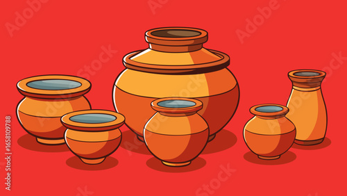 3D terracotta clay pots in different shapes and sizes, traditional style on red background. Vector illustration.