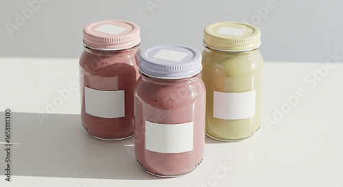 This professional product mockup features three clean jars of smoothies with pastel lids and blank labels, expertly placed on a light background. 