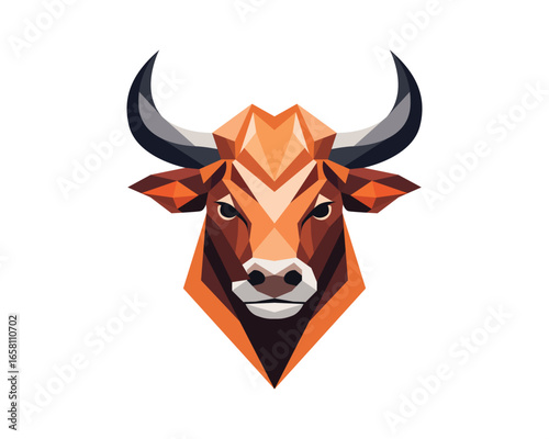 Geometric bull head illustration with orange, brown, and black colors on a white background.