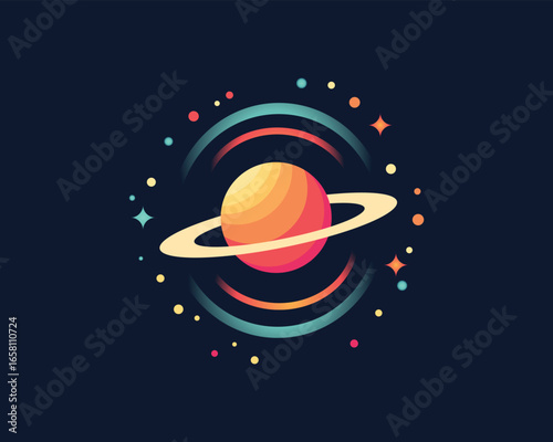 Colorful stylized illustration of a planet with rings in space.