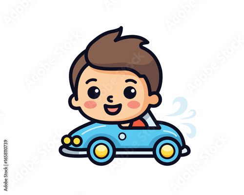 Cartoon boy driving a blue toy car, cheerful expression, simple design.