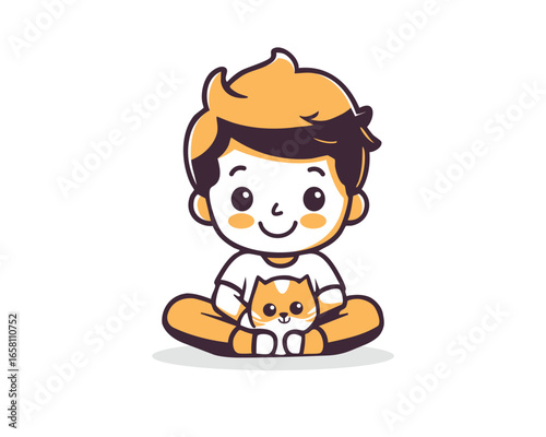 A happy young boy sits cross-legged, gently cradling a small, adorable kitten.