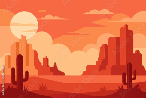 Vibrant desert landscape with cacti and mesas under a setting sun