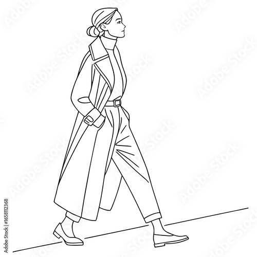 Vector art of elegant woman in trench coat and pants walking on the street