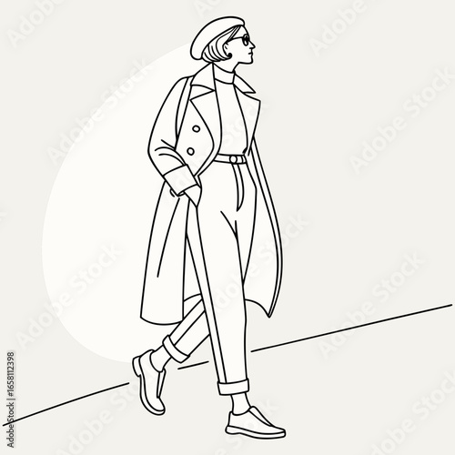 Vector art of fashionable woman in trench coat, beret, and sunglasses walking on the street