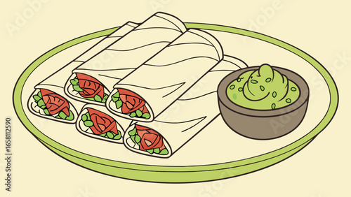 Delicious burritos with guacamole on a plate showcasing a vibrant and flavorful Mexican cuisine experience with fresh ingredients and a modern illustration style