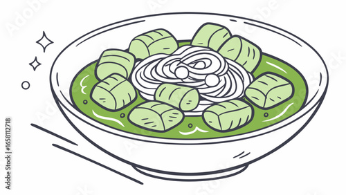 Delicious soup bowl illustration with noodles and green dumplings in a simple style, offering a delightful and appetizing visual treat for culinary enthusiasts