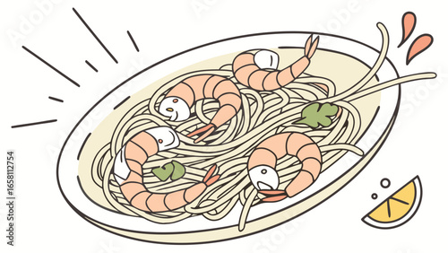 Delicious shrimp scampi pasta dish with fresh herbs and lemon wedge served on a plate, a culinary delight presented as vector illustration