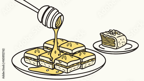 Honey dripping over baklava pastry squares, a delicious dessert illustration with traditional sweets and a honey dipper