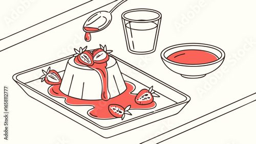 Elegant dessert illustration featuring panna cotta with strawberry sauce, a spoon, and a glass, set against a clean, minimalist background